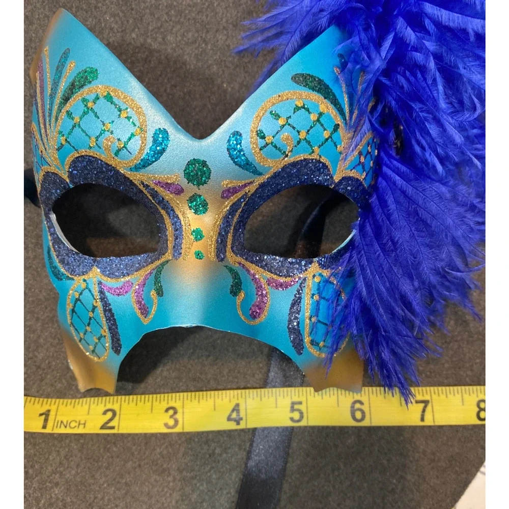 Pier 1 Mask Maschera Del Galeone Italy Hand-Painted Masquerade Blue Feathers